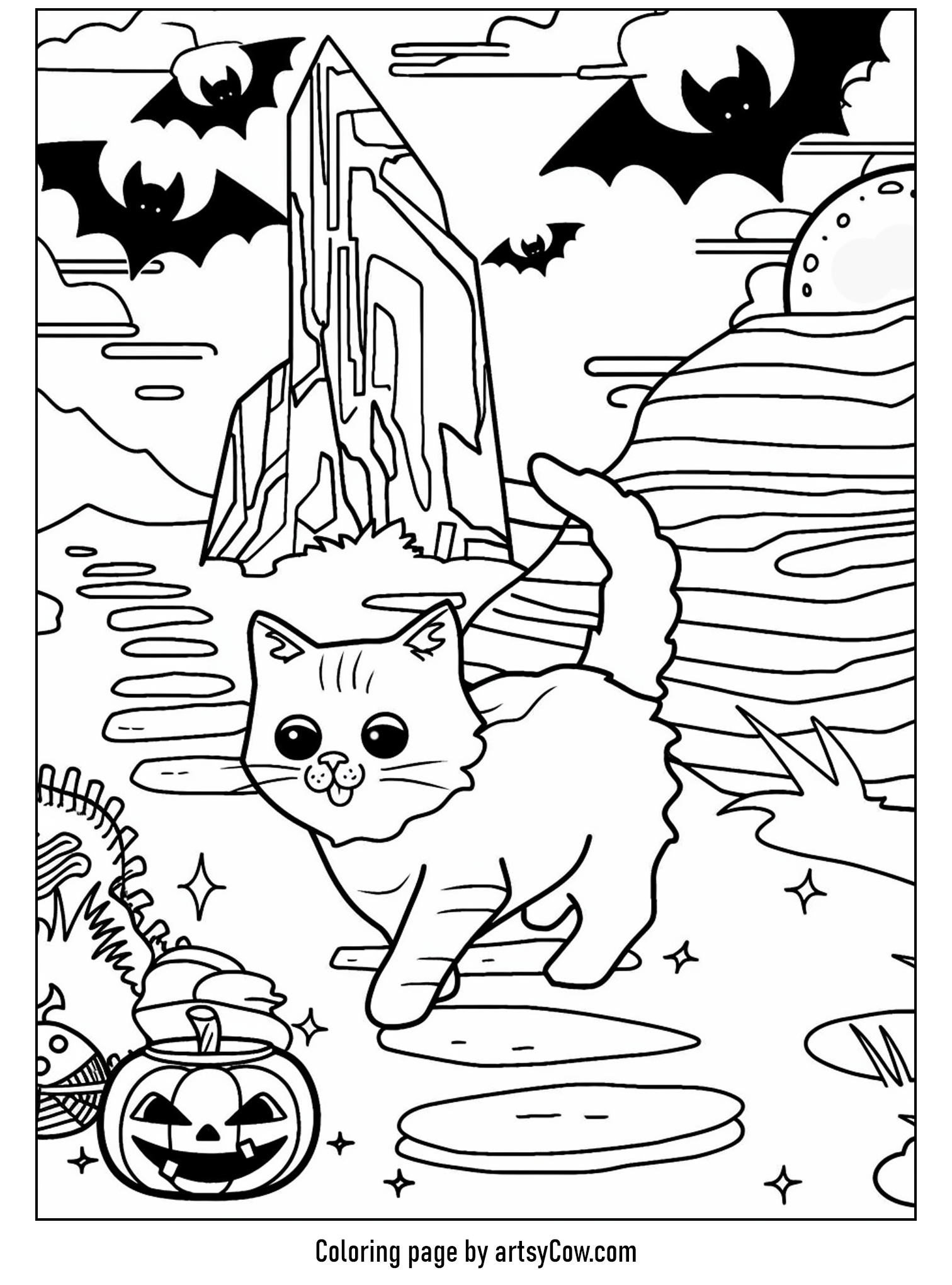 a cute black cat walking by a spooky moonlit path